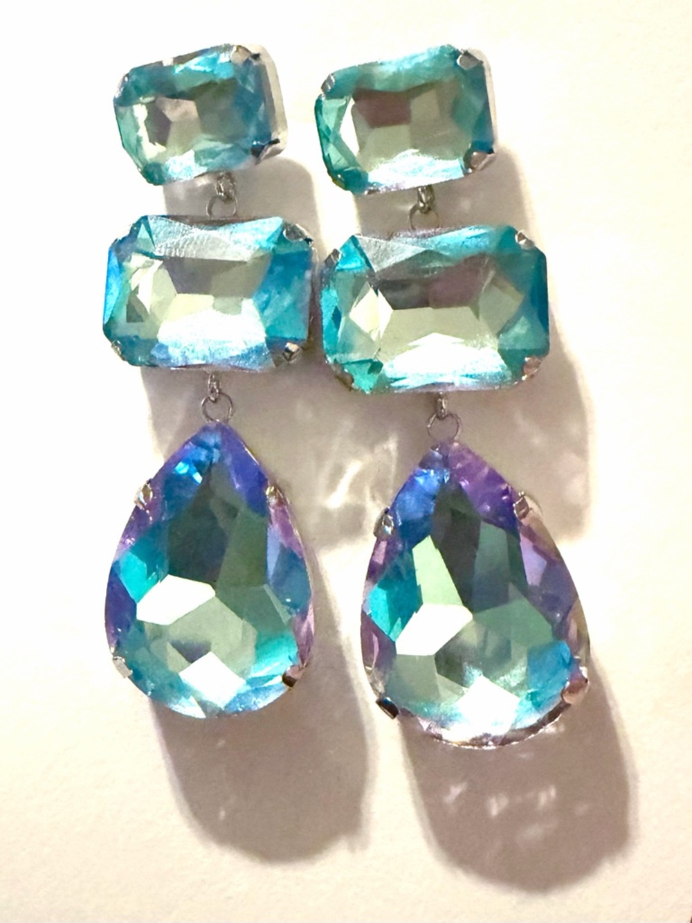 Aqua Blue & Purple Crystal Rhinestone Dangle Earrings